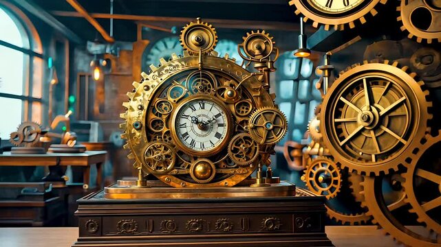 Ornate steampunk gear clock inside vintage workshop with industrial decor