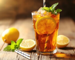 Fototapeta premium A refreshing drink made with iced tea, lemons, and mint leaves