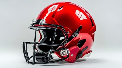 Fototapeta premium Red football helmet with black facemask, isolated on white background.