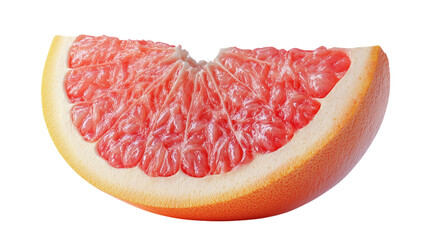 A realistic slice of grapefruit on a plain white background with no shadows.