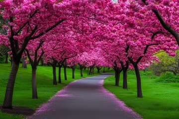 Naklejka premium Winding road leading through tunnel formed by blooming cherry trees