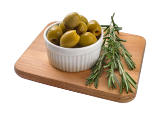 Olive Delight: A close-up of a bowl of green olives and rosemary sprigs on a wooden cutting board, capturing culinary essentials.