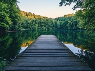 Obraz premium A wooden dock stretching out onto the calm surface of a lake, perfect for a serene atmosphere
