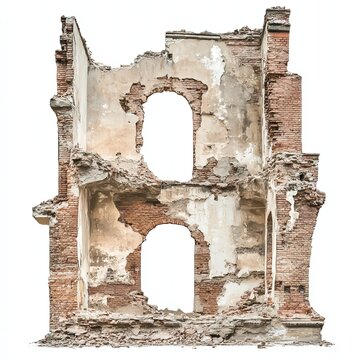 recommend clip art: A destroyed building complex with collapsed brick walls, depicting ancient historical ruins. Isolated on a white background with a clean cut-out, perfect for clipart, architectural decay