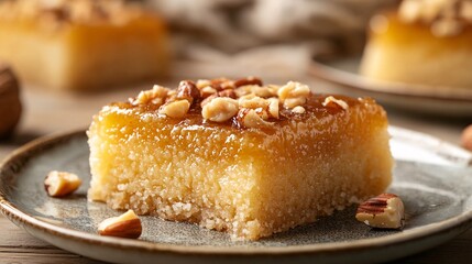 Golden semolina cake served on a plate, garnished with a generous scattering of assorted nuts.