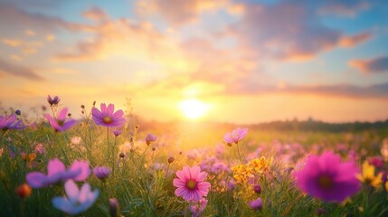 Fototapeta premium A beautiful field of colorful flowers against a stunning sunset backdrop