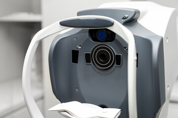 Modern Optical Coherence Tomography OCT Machine for Eye Examination. Ophthalmology Equipment in a Medical Clinic for Retinal Imaging, Diagnosis, and Vision Health Assessment. Optometrist tool. Optomet