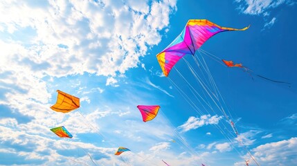 A group of people enjoying outdoor activities, flying kites in a clear blue sky