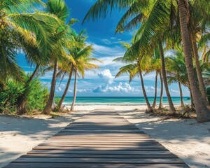 Obraz premium A wooden walkway leads to a sandy beach surrounded by palm trees