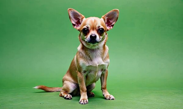 cute chihuahua dog standing still staring at moving camera, completely isolated on clean green screen background in 4k resolution