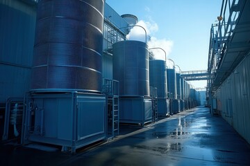 Obraz premium Rows of large, cylindrical industrial cooling towers vent steam outdoors. Use to illustrate industry, manufacturing, or environmental concerns.