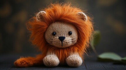 Fototapeta premium Adorable Knitted Lion Cub Toy on Dark Wooden Background