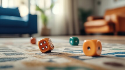 Colorful dice scattered on a living room rug with natural light
