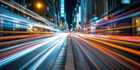 Obraz premium Busy urban road with heavy nighttime traffic and city lights