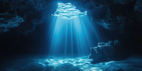 A bright light shines through the water's surface in a cave, creating a warm and cozy atmosphere