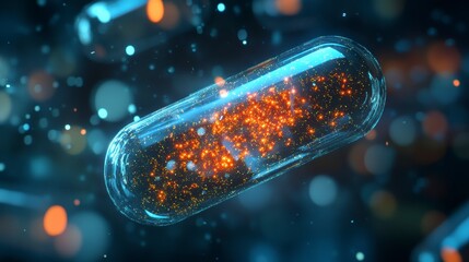 Glowing particles inside a transparent capsule, abstract medical background.