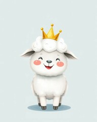 Adorable animated sheep wearing a golden crown on a soft background. Ideal for children's illustrations, cartoons, and playful educational materials. Perfect for kids' storytelling adventures!