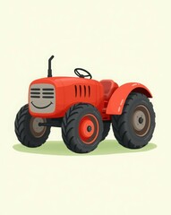 Obraz premium Charming red tractor with a friendly smile on a soft background. Ideal for children's illustrations, cartoons, and educational materials. Perfect for young learners and playful themes.