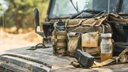 Outdoor Adventure Gear on a Vehicle Hood Tactical Bags Water Bottles and Equipment Ready for