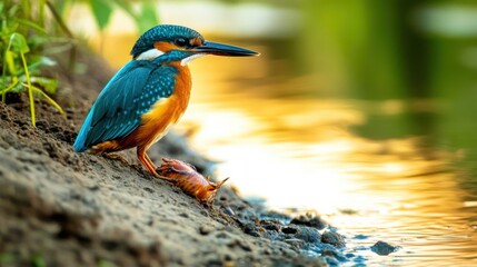 Fototapeta premium A kingfisher perched by a riverbank, its intense gaze locked onto its prey.
