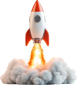 Realistic 3D rendering of a rocket ship blasting off with dramatic fiery exhaust and thick smoke isolated on transparent background representing space exploration technology and innovation
