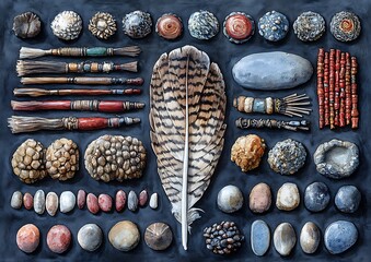 Still life painting of natural objects shells, stones, feathers, beads, and brushes.