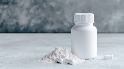 White supplement bottle with powder and capsules