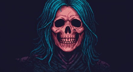 A pixel art digital illustration of a skull with long, wavy turquoise hair. The skull has a neutral expression and is looking directly at the viewer. 