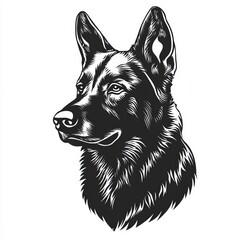 Stylized vector silhouette of a German Shepherd dog's head on a white background, featuring sharp ears, strong snout, and a focused expression. Bold, clean lines ideal for minimalist designs, pet logo