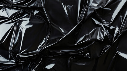 Glossy crinkled black plastic material with sharp creases and highlights forming a dramatic textured background with a shiny industrial look suitable for design, packaging, or visual abstract applicat