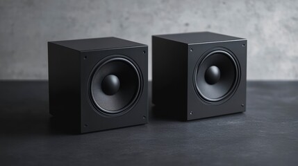 Obraz premium Two black cube subwoofers on a dark surface against a concrete wall.