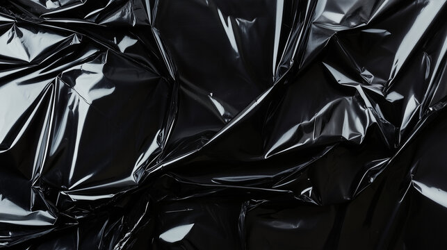 Glossy crinkled black plastic material with sharp creases and highlights forming a dramatic textured background with a shiny industrial look suitable for design, packaging, or visual abstract applicat