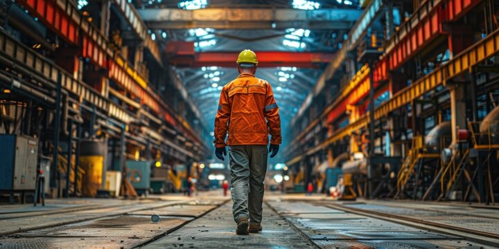 A lone worker walks through a massive industrial factory, carrying out his responsibilities, a powerful symbol of industry and dedication.