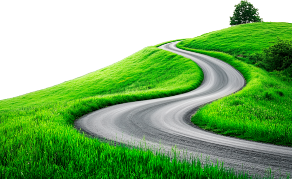 Curving asphalt road winding through lush green rolling hills under a clear transparent sky creating a peaceful scenic landscape with vibrant natural beauty and a sense of motion and open travel

