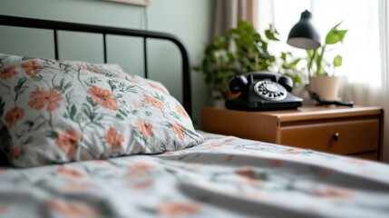 Cozy bedroom with floral bedding, vintage phone, and plant decor