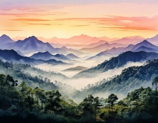 Watercolor painting of misty mountains and forest with sunrise in the background landscape wallpaper