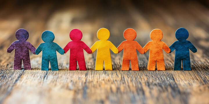 Colorful paper cutout human figures standing in a line on wooden surface representing diversity, unity, teamwork, inclusion and community support in a symbolic human connection display


