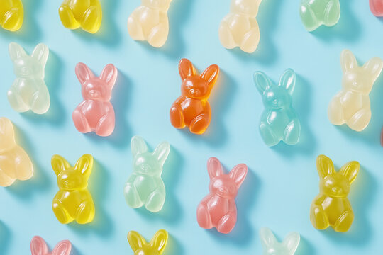 Colorful gummy bears arranged in a diagonal pattern across a bright blue background in soft lighting creating a cheerful and playful candy-themed visual with vibrant pastel tones and symmetrical repet