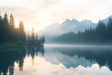 Tableau sur aluminium  Misty dawn breaks over a tranquil lake surrounded by majestic mountains and towering pine trees in the early morning light  © Alona