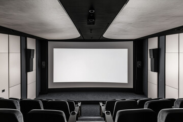 Empty modern home cinema room with dark walls and wide screen display prepared for movie night or entertainment event in private viewing space with elegant theater seating layout

