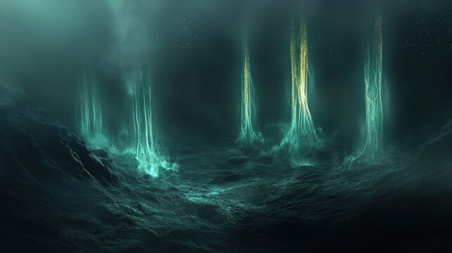 Enchanted Forest with Ethereal Light Beams and Mysterious Atmosphere