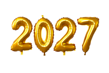 Golden Foil Balloons Shaped as 2027 Numbers on White Background Celebrating New Year, Milestone or Future Event with Festive and Elegant Style

