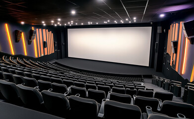 Empty modern movie theater with black cushioned seats and large white projection screen ready for film premiere entertainment or audience event in cinematic environment

