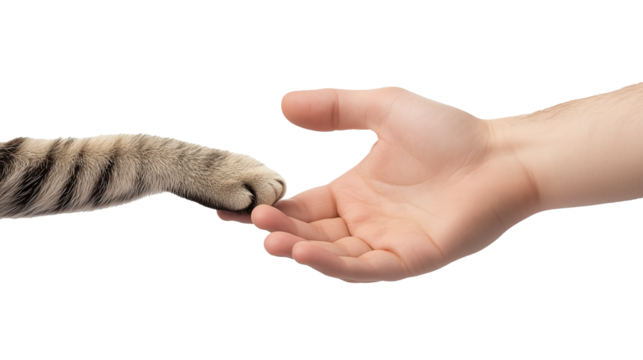 Cat Paw Touching Human Hand on transparent Background Symbolizing Love Connection and Trust with Copy Space