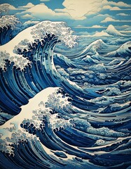 Japanese woodblock print art inspired ocean sea landscape with crashing blue and white waves