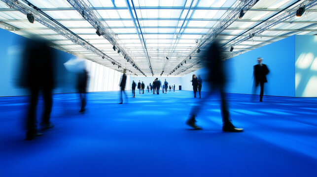 Blurred silhouettes of people walking through modern blue hallway in a glass ceiling building capturing urban movement business transit and dynamic corporate flow in futuristic architectural setting