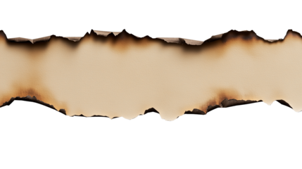 Torn horizontal strip of burnt paper showing darkened edges and midtone beige center isolated suitable for vintage textures old documents artistic fire effects or storytelling visu