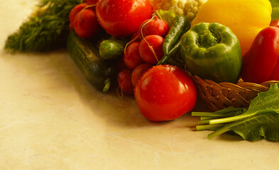 tomatoes, cucumbers, various vegetables on the table