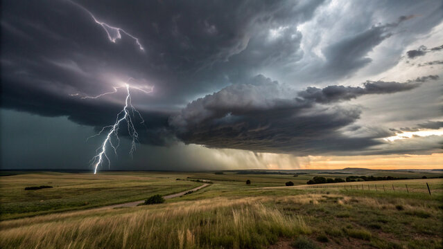 Thunderstorm Over an Open Field &ndash; A dark, dramatic sky with lightning striking in the distance over a vast, open prairie, with storm clouds rolling in.

