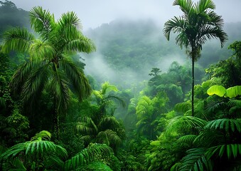 Fototapeta premium Lush tropical rainforest with mist.